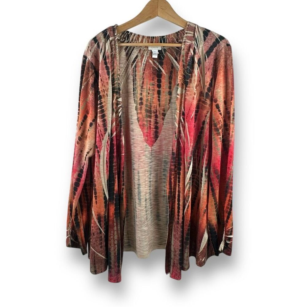 Chicos XL Open Front Lightweight Layering Sweater Red Orange TieDye Hippie Artsy